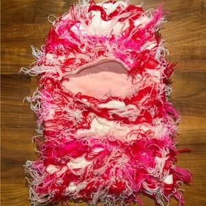 Vibrant Pink and Red Fringed Knit Balaclava
